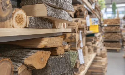 Firewood logs stacked on shelves in a shop