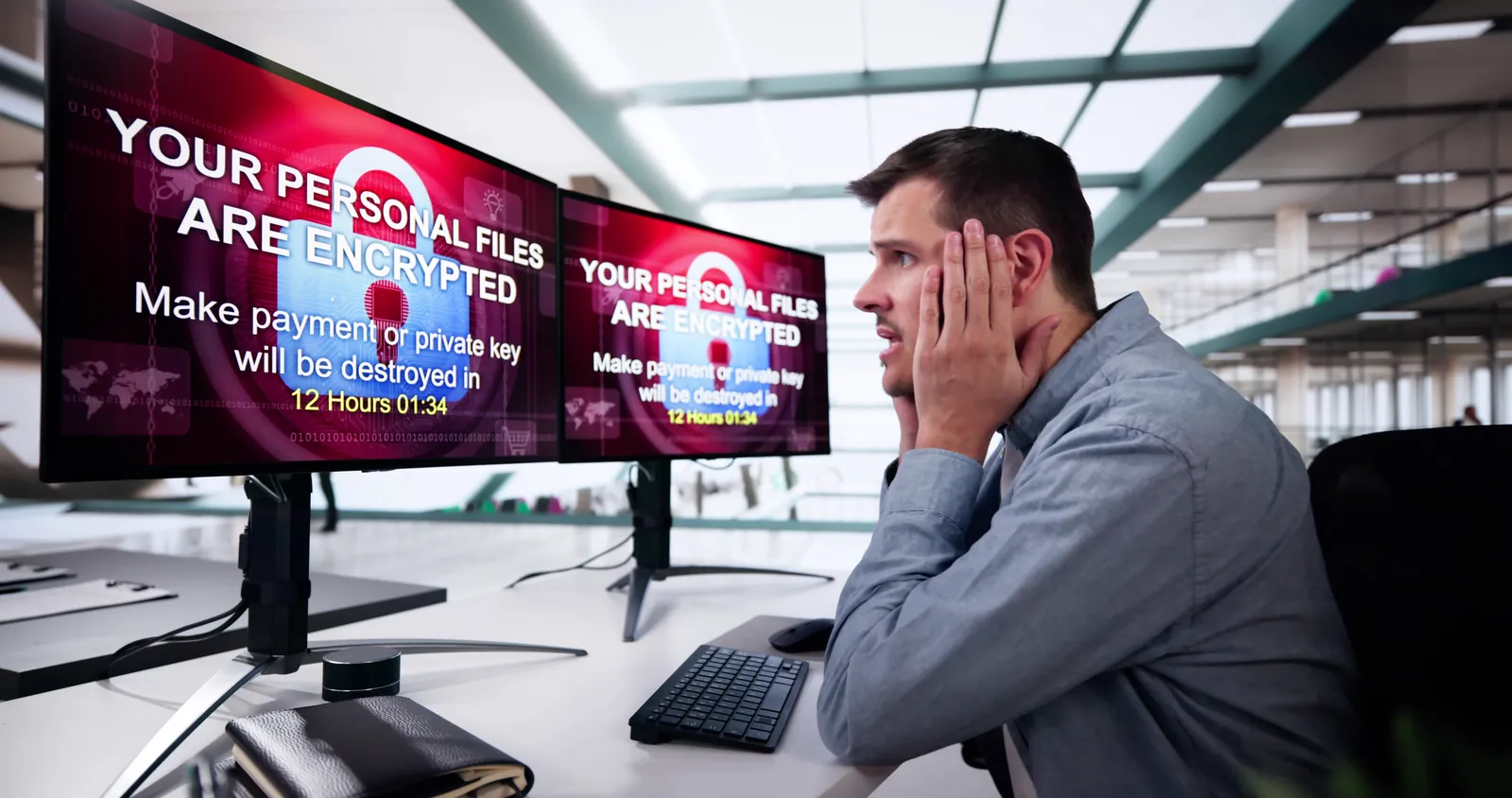 Man worried by a security warning on his computer screen